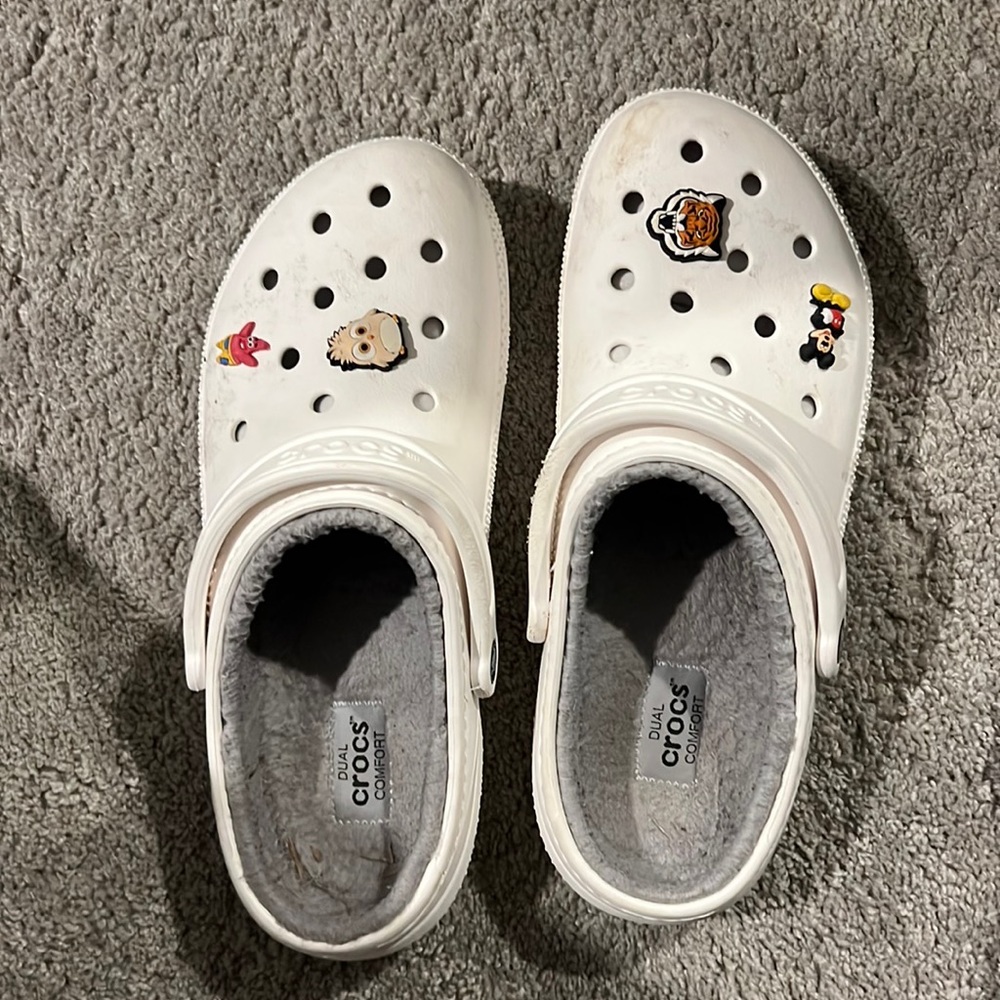 White furry crocs